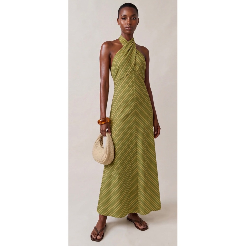 Few Moda o.p.t One Pretty Time Green Striped V-Neck Maxi Dress Size M NWT
